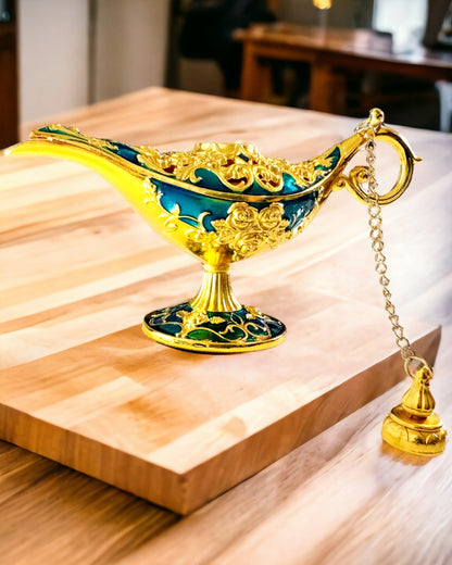 Pequena Lâmpada de Aladino Feita à Mão - Artesanato Artístico em Metal para Decoração de Casa, gravura
