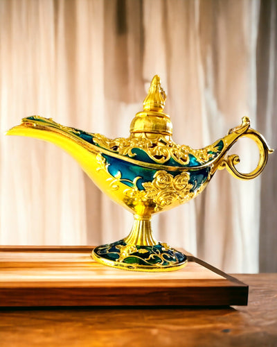 Pequena Lâmpada de Aladino Feita à Mão - Artesanato Artístico em Metal para Decoração de Casa, gravura