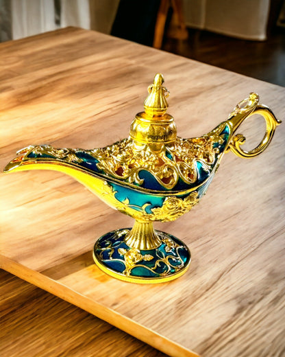 Pequena Lâmpada de Aladino Feita à Mão - Artesanato Artístico em Metal para Decoração de Casa, gravura