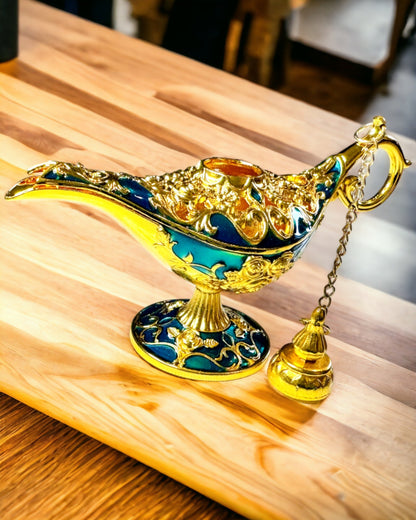 Pequena Lâmpada de Aladino Feita à Mão - Artesanato Artístico em Metal para Decoração de Casa, gravura