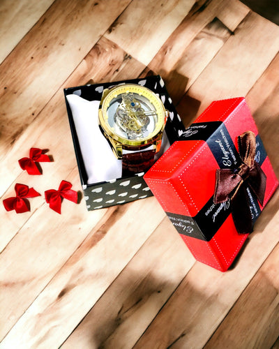 Relógio Masculino com Mecanismo Transparente - Elegância e Precisão em Moldura Dourada