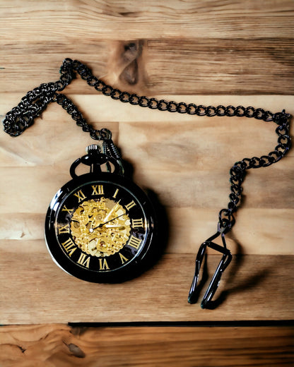 Relógio de Bolso Mecânico em Estilo Retro, Resistente à Água, Semi-automático - cor Preta - Ideal para Presente, gravação