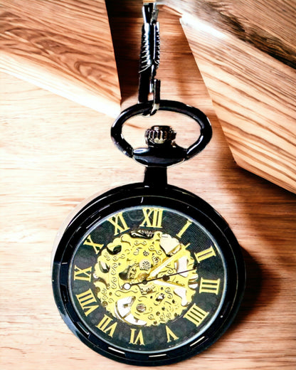 Relógio de Bolso Mecânico em Estilo Retro, Resistente à Água, Semi-automático - cor Preta - Ideal para Presente, gravação