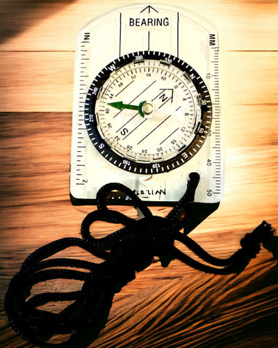 Bússola turística "Guia do Aventureiro" - Transparente, Mini Acrílica com Corda Suspensa e Escala de Mapa, com gravação