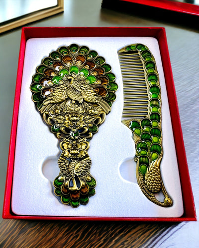 Conjunto Vintage com Espelho e Pente com Motivo de Pavão - Acessórios Cosméticos Decorativos