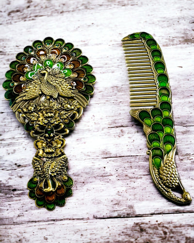 Conjunto Vintage com Espelho e Pente com Motivo de Pavão - Acessórios Cosméticos Decorativos