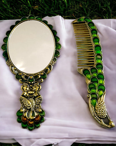 Conjunto Vintage com Espelho e Pente com Motivo de Pavão - Acessórios Cosméticos Decorativos