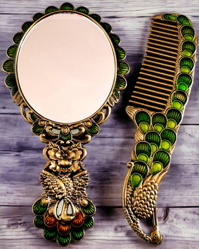 Conjunto Vintage com Espelho e Pente com Motivo de Pavão - Acessórios Cosméticos Decorativos