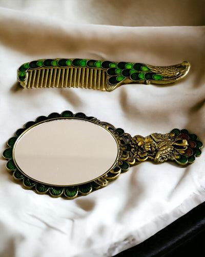 Conjunto Vintage com Espelho e Pente com Motivo de Pavão - Acessórios Cosméticos Decorativos