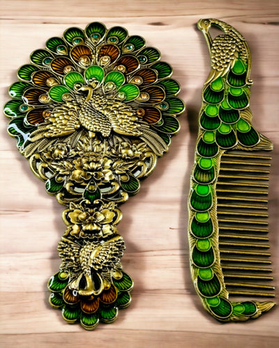 Conjunto Vintage com Espelho e Pente com Motivo de Pavão - Acessórios Cosméticos Decorativos