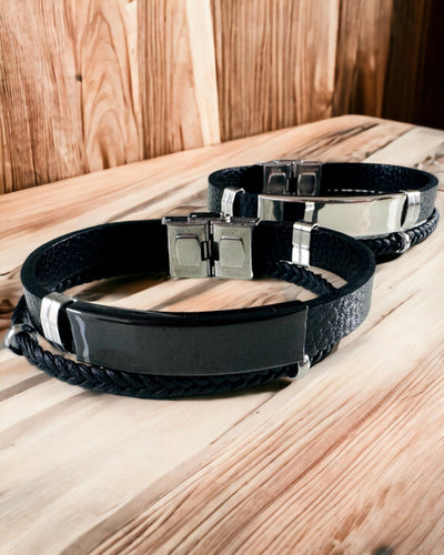 Pulseira Masculina de Pele PU e Aço Inoxidável com Possibilidade de Gravação – Disponível em Duas Opções de Cores