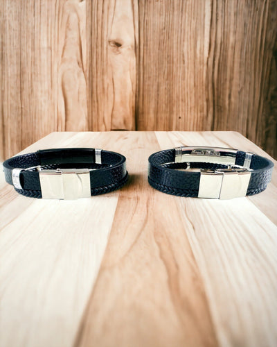 Pulseira Masculina de Pele PU e Aço Inoxidável com Possibilidade de Gravação – Disponível em Duas Opções de Cores