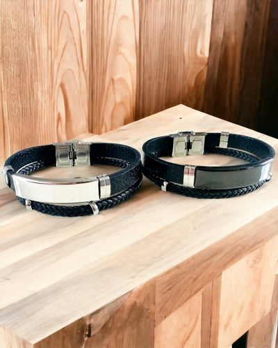 Pulseira Masculina de Pele PU e Aço Inoxidável com Possibilidade de Gravação – Disponível em Duas Opções de Cores