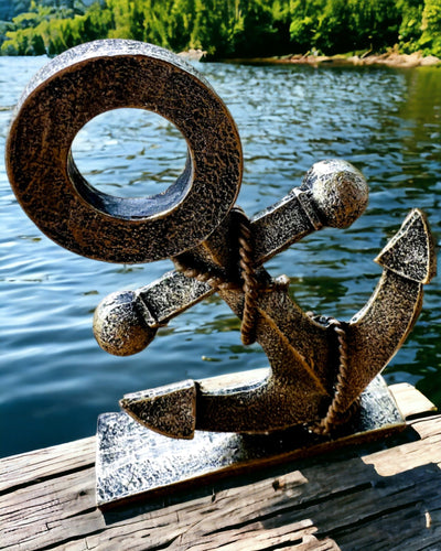 Escultura Rústica de Âncora em Resina - "Lenda do Mar", personalização da âncora com gravação
