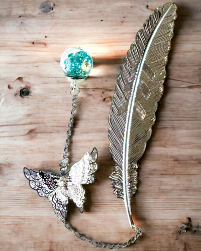 Marcador de Livro Criativo em Estilo Retro com Motivo de Pena e Borboleta – Elegante Presente Promocional, Cor Prateado/Azul