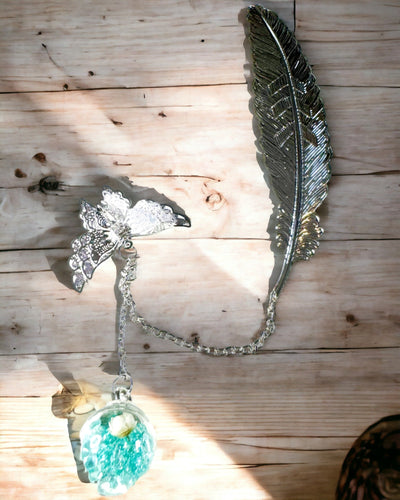 Marcador de Livro Criativo em Estilo Retro com Motivo de Pena e Borboleta – Elegante Presente Promocional, Cor Prateado/Azul