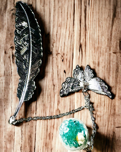 Marcador de Livro Criativo em Estilo Retro com Motivo de Pena e Borboleta – Elegante Presente Promocional, Cor Prateado/Azul