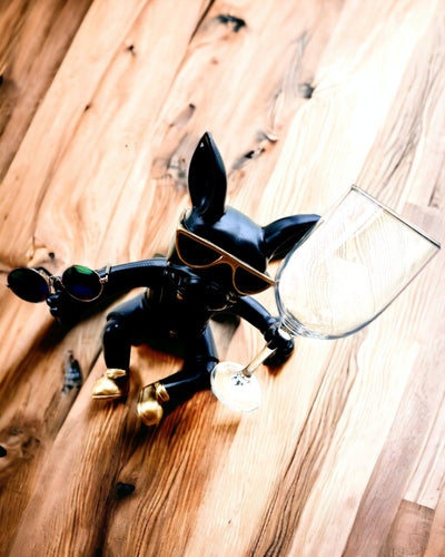 Estatueta Exclusiva "Bulldog Estiloso", cor preta, suporte para copo de vinho ou champanhe, personalização com gravação