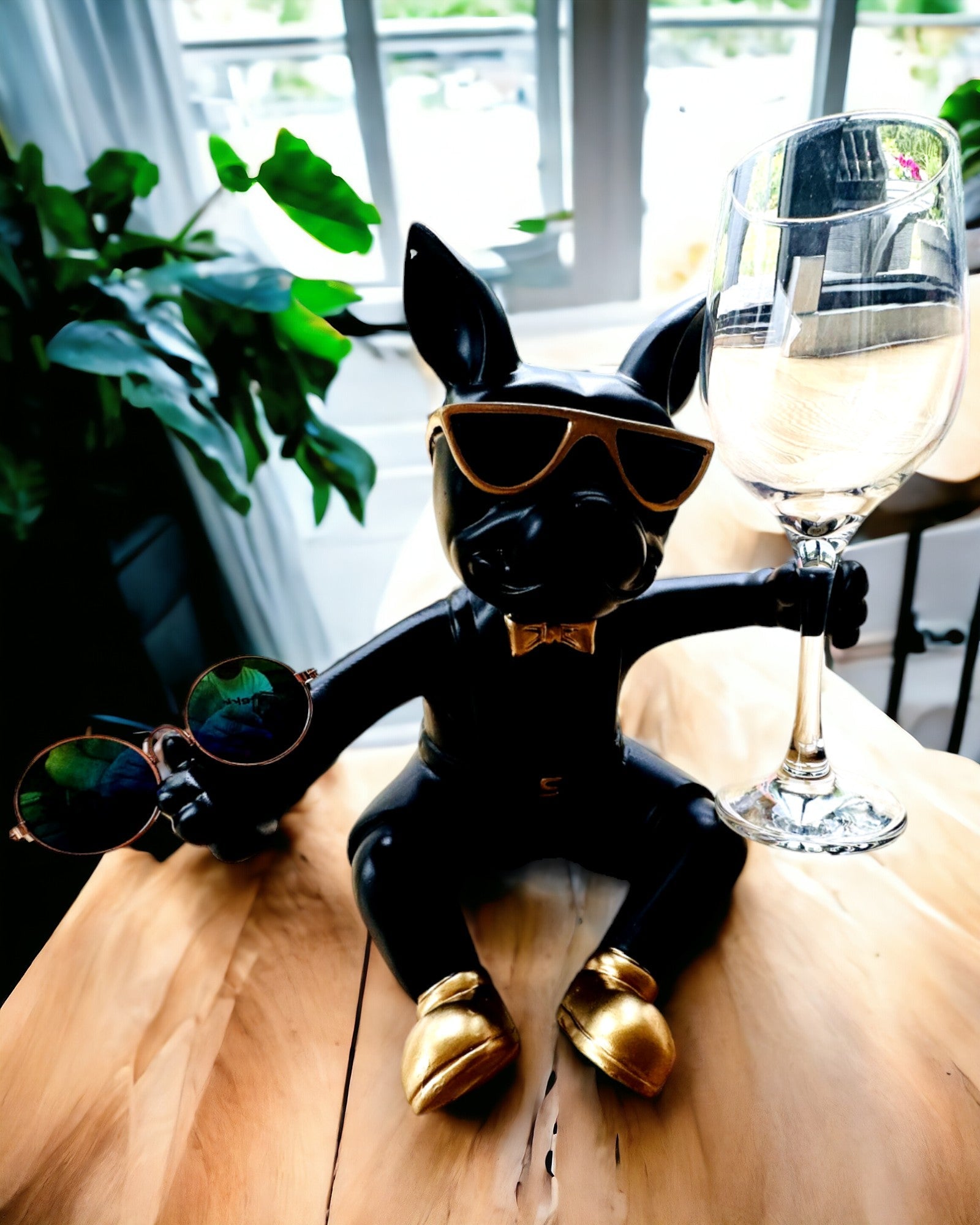 Estatueta Exclusiva "Bulldog Estiloso", cor preta, suporte para copo de vinho ou champanhe, personalização com gravação