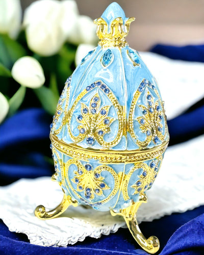 Ovo Fabergé Celestial – Organizador de Joias Esmaltado - cor azul céu. Personalização com gravação
