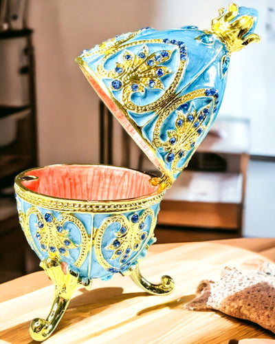 Ovo Fabergé Celestial – Organizador de Joias Esmaltado - cor azul céu. Personalização com gravação