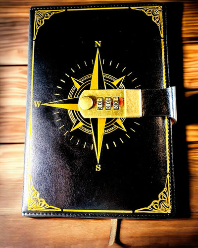 Notatnik Premium com Fecho de Código A5 - Estilo Vintage com Bússola, Design Japonês, Artigos de Papelaria para Estudantes e Negócios. Personalização com gravação