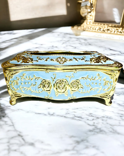 Caixa de Lenços Luxuosa com Padrão de Rosa em Relevo e Pegas Elegantes