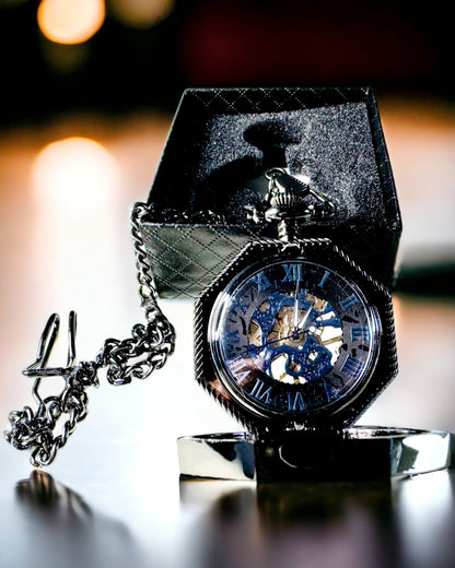 Relógio de Bolso Mecânico Clássico Octogonal Steampunk em Preto, Gravado