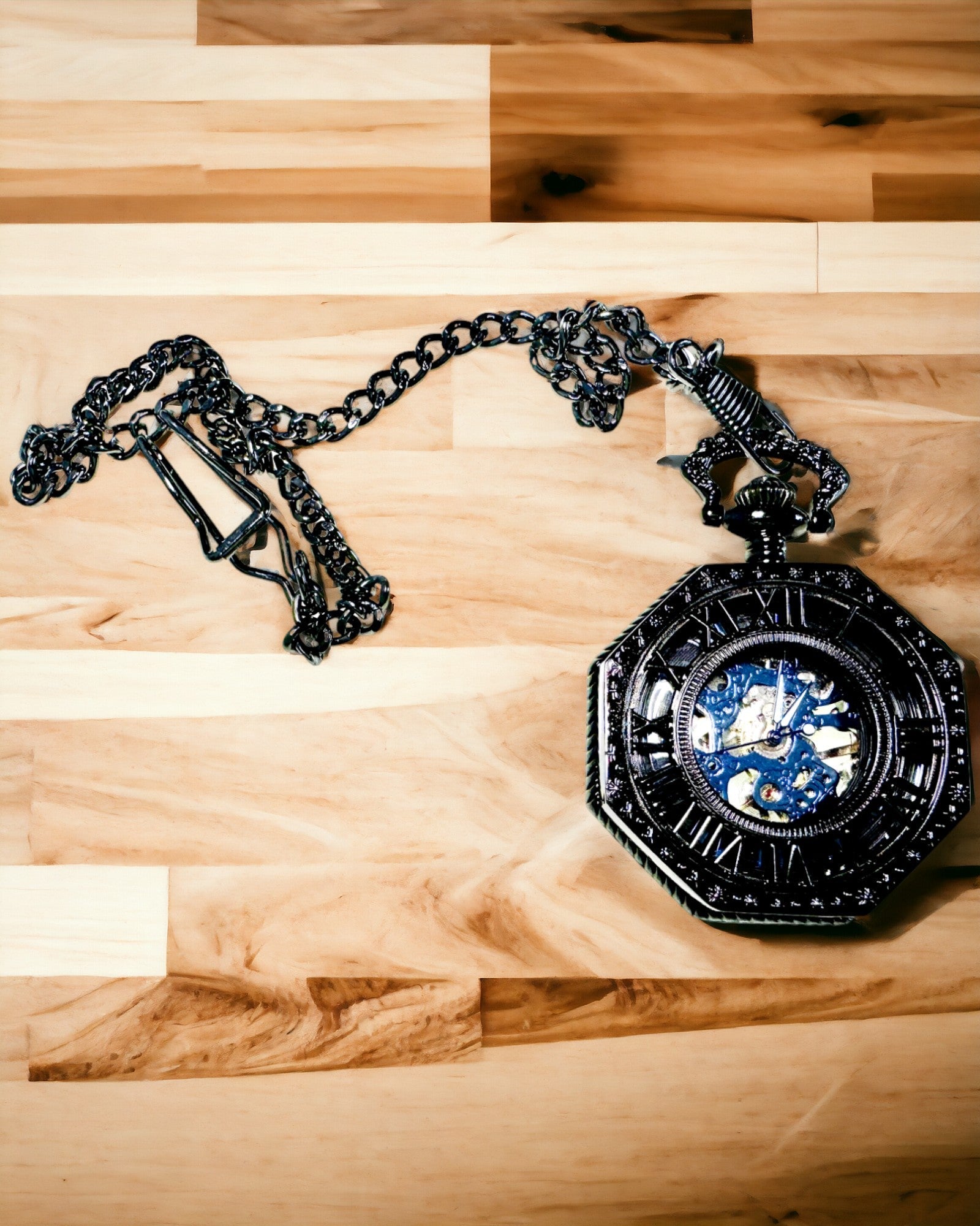 Relógio de Bolso Mecânico Clássico Octogonal Steampunk em Preto, Gravado