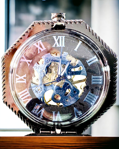 Relógio de Bolso Mecânico Clássico Octogonal Steampunk em Preto, Gravado