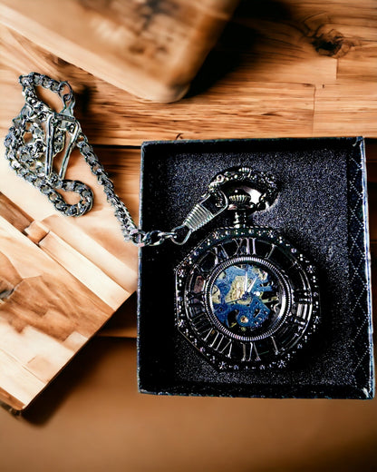 Relógio de Bolso Mecânico Clássico Octogonal Steampunk em Preto, Gravado