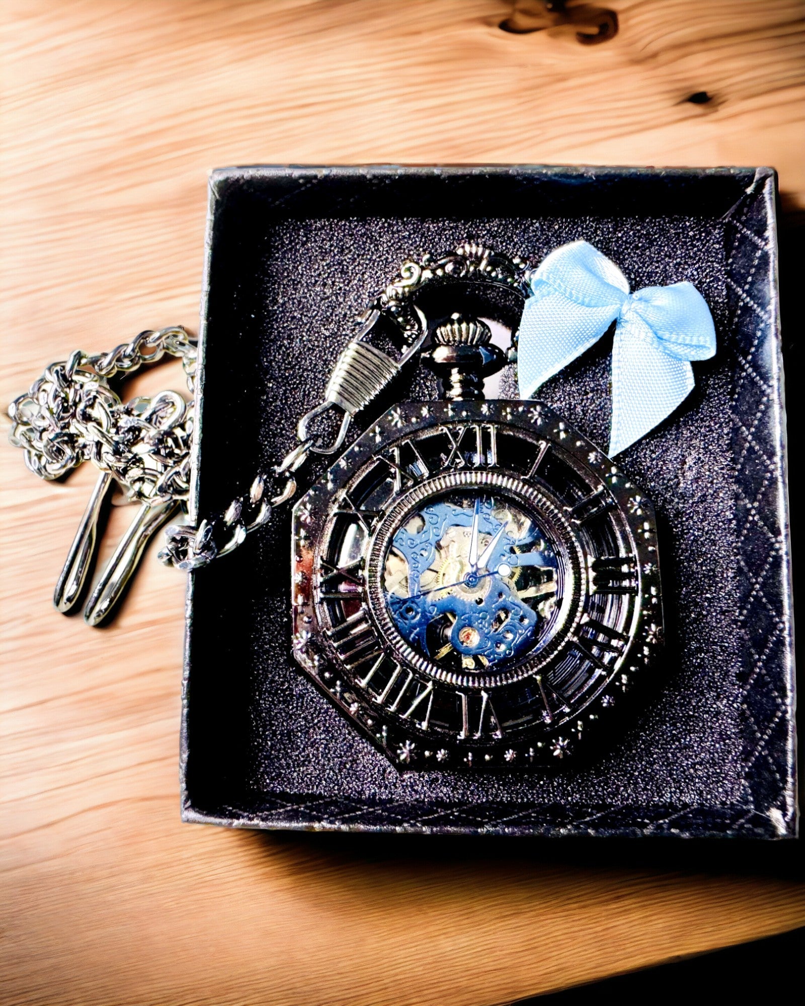 Relógio de Bolso Mecânico Clássico Octogonal Steampunk em Preto, Gravado
