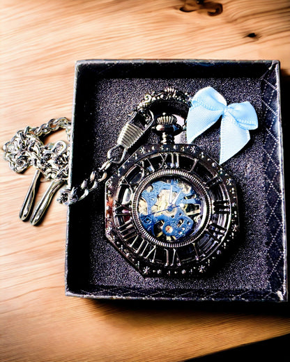Relógio de Bolso Mecânico Clássico Octogonal Steampunk em Preto, Gravado