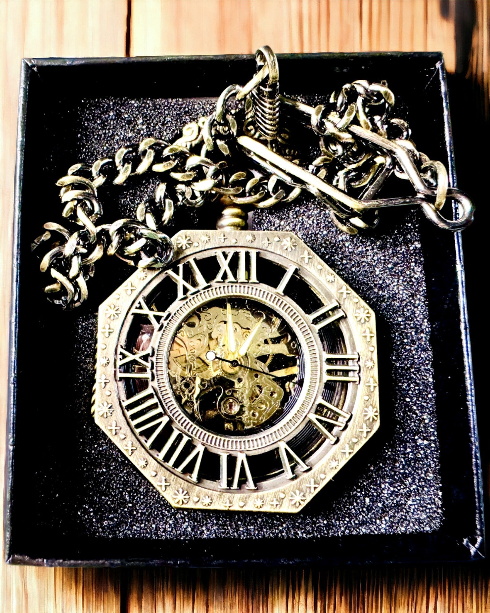 Relógio de Bolso Mecânico Clássico Octogonal Cor Castanha em Estilo Steampunk - Intemporal