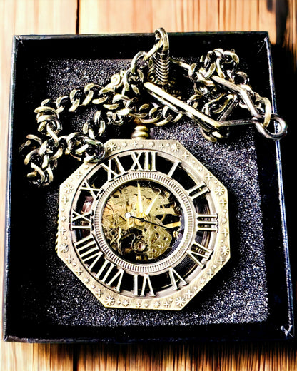 Relógio de Bolso Mecânico Clássico Octogonal Cor Castanha em Estilo Steampunk - Intemporal