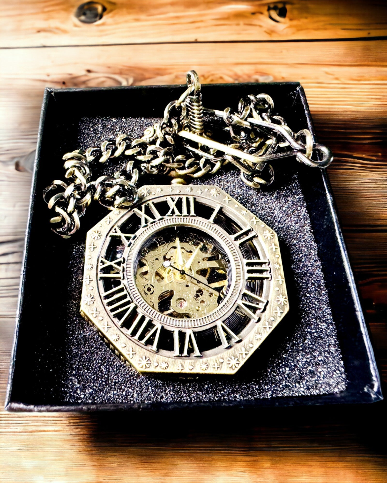 Relógio de Bolso Mecânico Clássico Octogonal Cor Castanha em Estilo Steampunk - Intemporal