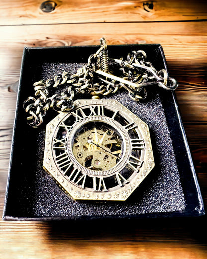 Relógio de Bolso Mecânico Clássico Octogonal Cor Castanha em Estilo Steampunk - Intemporal