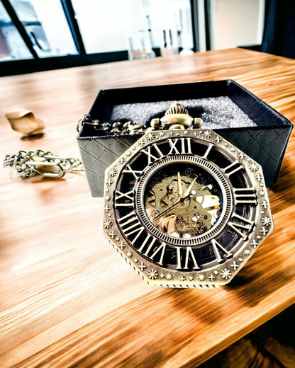 Relógio de Bolso Mecânico Clássico Octogonal Cor Castanha em Estilo Steampunk - Intemporal