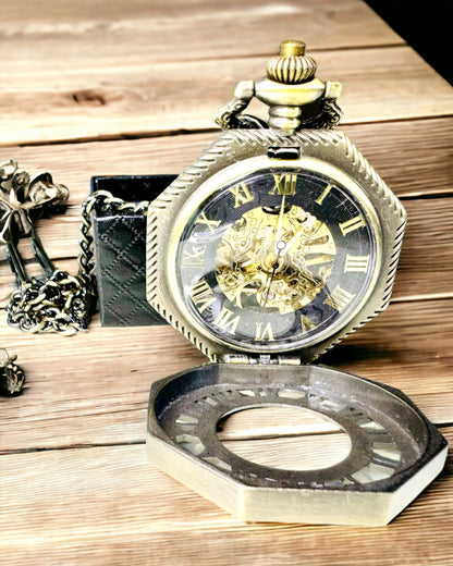 Relógio de Bolso Mecânico Clássico Octogonal Cor Castanha em Estilo Steampunk - Intemporal