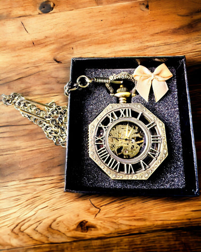 Relógio de Bolso Mecânico Clássico Octogonal Cor Castanha em Estilo Steampunk - Intemporal