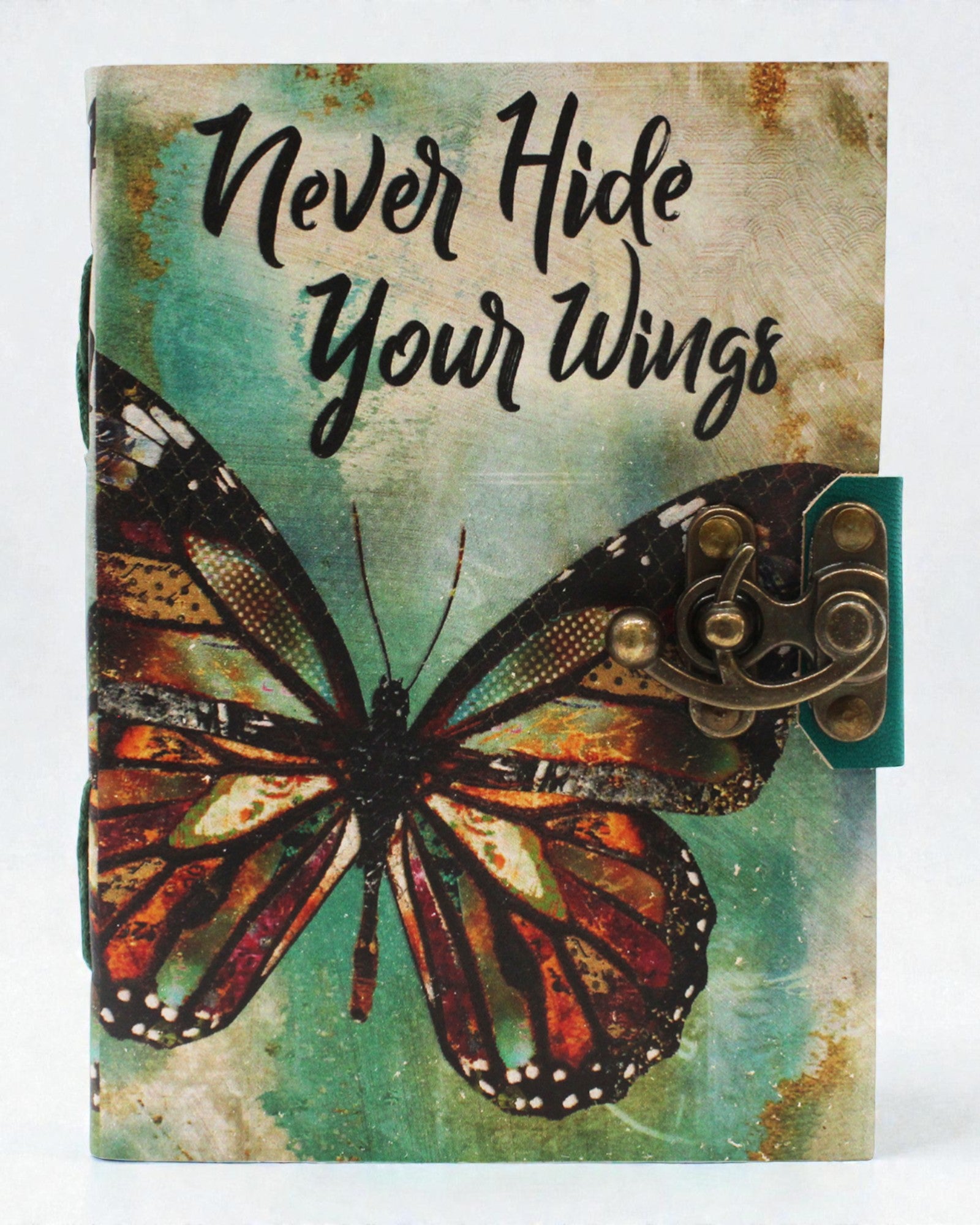 Caderno de Couro Borboleta da Inspiração Never Hide Your Wings – 13 × 18 cm