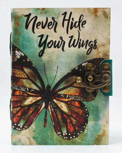 Caderno de Couro Borboleta da Inspiração Never Hide Your Wings – 13 × 18 cm