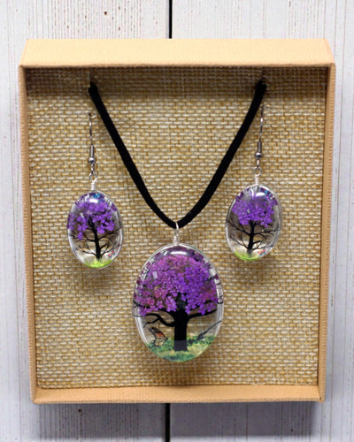 Sonho de Lavanda – Conjunto de Joias Lavanda com Flores Secas Árvore da Vida