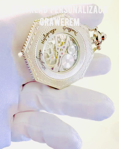 Clássico em cor prateada Relógio de Bolso Mecânico Octogonal com Mostrador Vazado em Estilo Steampunk