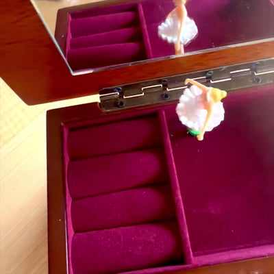 Caixa de música de madeira com espelho e gravação — presente elegante para joias, com duas gavetas, 10 cm de altura, melodia «The Entertainer»