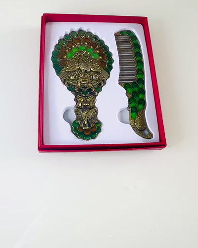 Conjunto Vintage com Espelho e Pente com Motivo de Pavão - Acessórios Cosméticos Decorativos