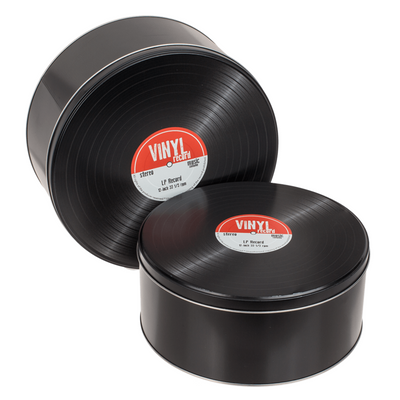 Caixas metálicas, estilizadas como discos de vinil num estilo retro, possibilidade de personalização com gravação