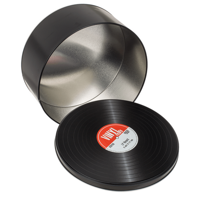 Caixas metálicas, estilizadas como discos de vinil num estilo retro, possibilidade de personalização com gravação