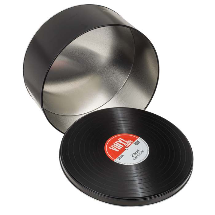Caixas metálicas, estilizadas como discos de vinil num estilo retro, possibilidade de personalização com gravação