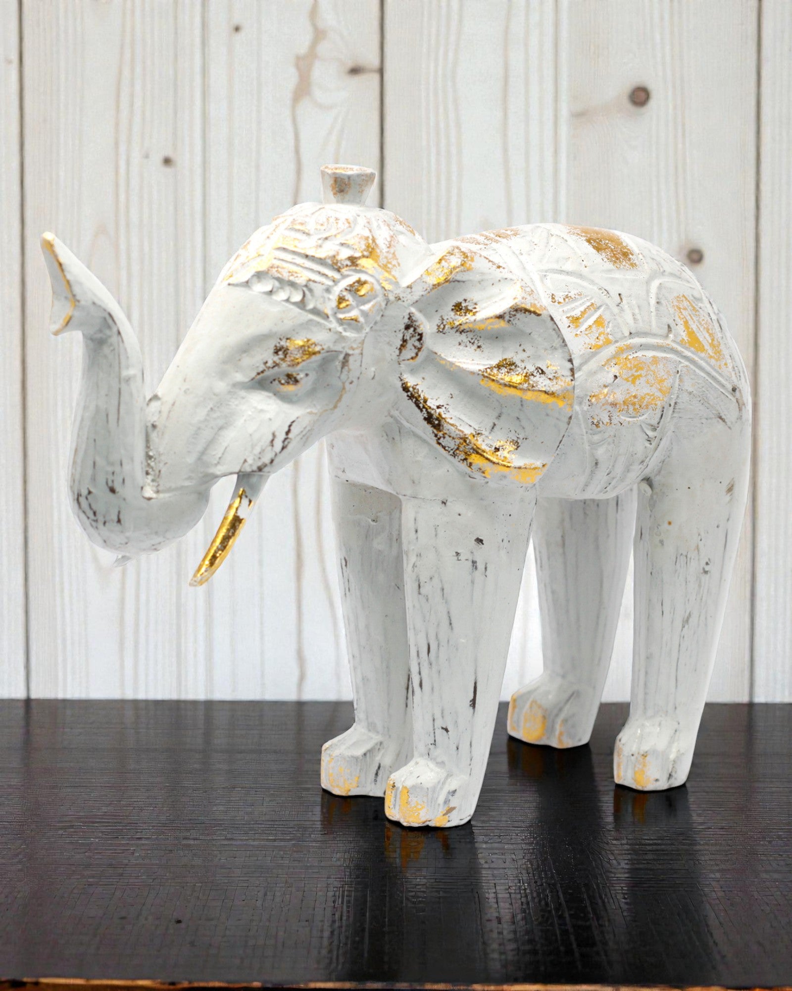 Escultura de Elefante 24 cm – Branco e Dourado